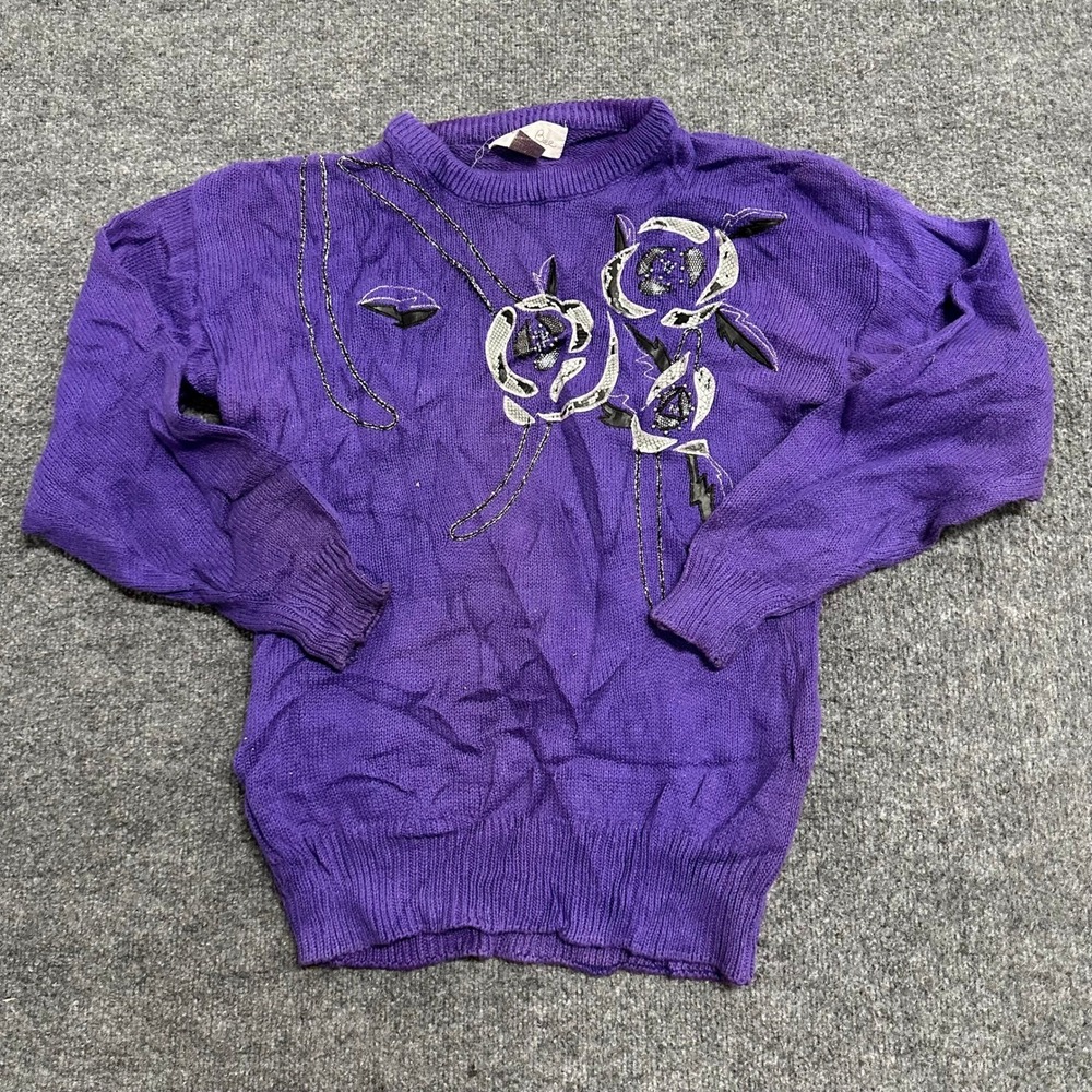 Mauri Bee Sweater Womens Size L Purple Floral Sequin Ramie Cotton Blend Pullover